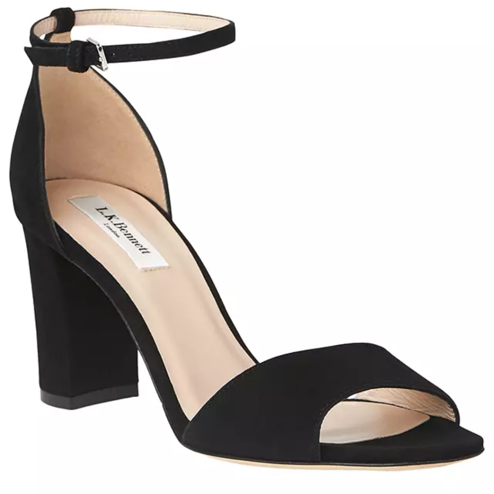 LK Bennett Black Suede Peep Toe Sandal Heel